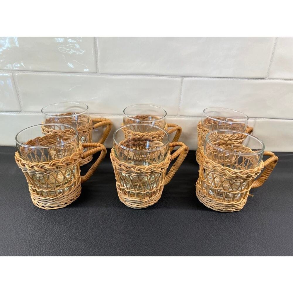 Vintage Woven Rattan Wicker Drinkware Holders Glass Cups (Set of 6)